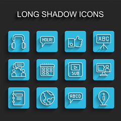 Set line Notebook, Earth globe, Headphones, Alphabet, Information, School timetable, Foreign language online study and Video with subtitles icon. Vector