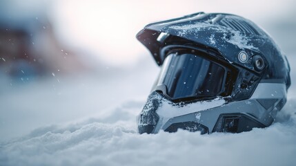 Fototapeta premium Motorcycle helmet covered in snow, winter adventure and extreme sports concept