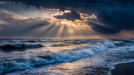 Dramatic ocean waves under a dark cloudy sky with sunlight breaking through clouds at sunset casting golden beams over the turbulent sea horizon