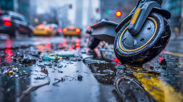 Abandoned electric scooter resting on wet city street with rain droplets and blurred traffic lights in the background during an overcast urban day