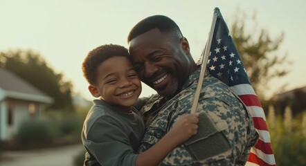 Military father in uniform shares joyful embrace with son outdoors