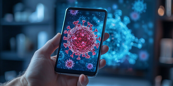 Smartphone displays virus visualization in home setting Generative AI