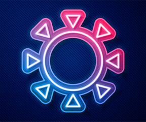 Glowing neon line Sun icon isolated on blue background. Summer symbol. Good sunny day. Vector