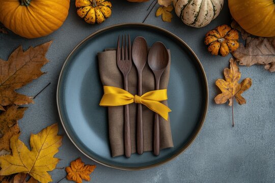 Autumn table setting with cutlery wrapped in a brown napkin