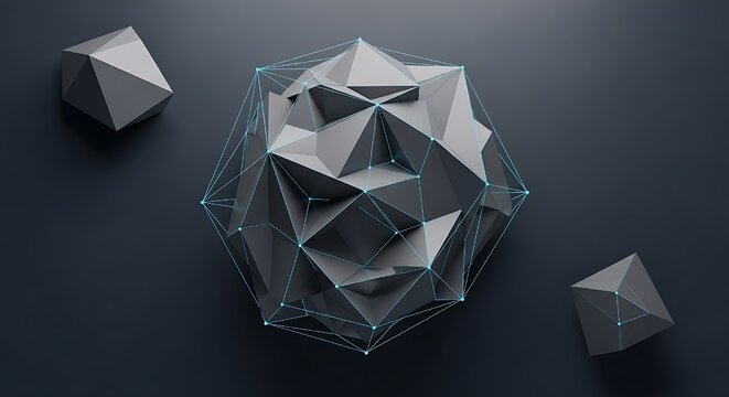An abstract 3d rendering of a complex geometric shape with interconnected lines and dots, set against a dark background, creating a futuristic and technological visual with polygonal design
