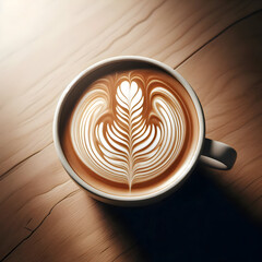 A close-up, overhead view (flat lay) of a white ceramic mug containing a latte with intricate foam art (Rosetta pattern)