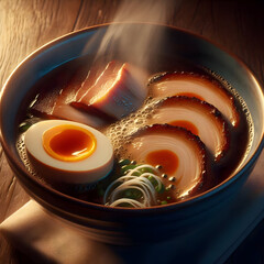 A close-up of a steaming bowl of Shoyu ramen. The broth has a visible oily sheen, with perfectly soft-boiled egg (Ajitama) and thin slices of Chashu pork. Steam rising visibly, dark blue ceramic bowl