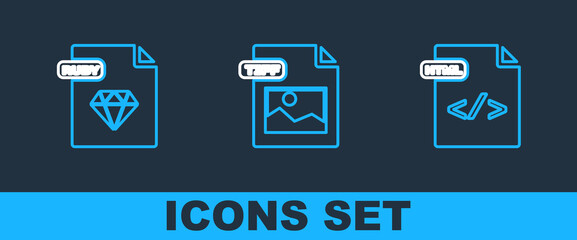 Set line HTML file document, RUBY and TIFF icon. Vector