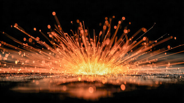 Close-up of bright orange sparks flying from a grinding or cutting tool on a dark background, showcasing dynamic industrial energy and motion in high detail