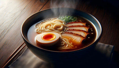 A close-up of a steaming bowl of Shoyu ramen. The broth has a visible oily sheen, with perfectly soft-boiled egg (Ajitama) and thin slices of Chashu pork. Steam rising visibly, dark blue ceramic bowl