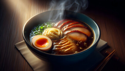 A close-up of a steaming bowl of Shoyu ramen. The broth has a visible oily sheen, with perfectly soft-boiled egg (Ajitama) and thin slices of Chashu pork. Steam rising visibly, dark blue ceramic bowl