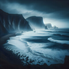 A dramatic, long-exposure photo of powerful ocean waves crashing against a rugged coastal cliff. Water is blurred into silky white foam. 