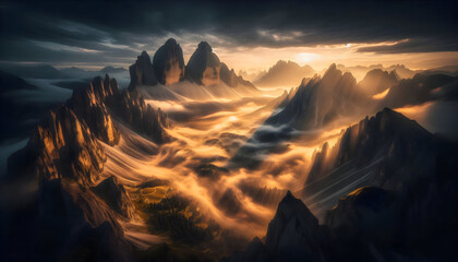 An award-winning, ultra-detailed photograph of the Dolomites mountain range at sunrise. Thick, golden mist fills the valleys. Cinematic, high-contrast lighting