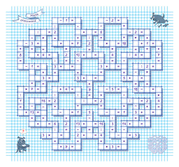 Fototapeta premium Mathematical crossword for smartest. Solve examples and write the numbers and symbols correctly. Logic puzzle on addition, multiplication, division and subtraction. Brain teaser book. Vector image