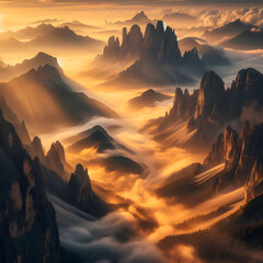 An award-winning, ultra-detailed photograph of the Dolomites mountain range at sunrise. Thick, golden mist fills the valleys. Cinematic, high-contrast lighting