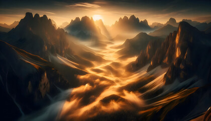 An award-winning, ultra-detailed photograph of the Dolomites mountain range at sunrise. Thick, golden mist fills the valleys. Cinematic, high-contrast lighting