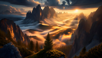 An award-winning, ultra-detailed photograph of the Dolomites mountain range at sunrise. Thick, golden mist fills the valleys. Cinematic, high-contrast lighting