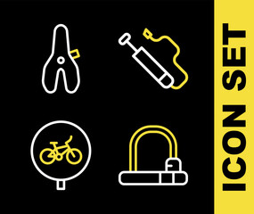 Set line Bicycle air pump, lock, and seat icon. Vector