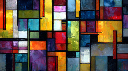 Geometric stained glass artwork with multicolored abstract patterns
