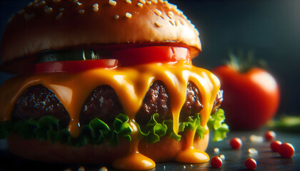 An extreme macro shot of a gourmet cheeseburger. The melted cheddar cheese is dripping down the sides of the patty. Fresh, shiny lettuce and tomato slices are visible. Dark, moody background