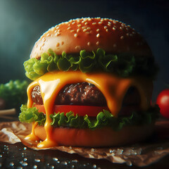 An extreme macro shot of a gourmet cheeseburger. The melted cheddar cheese is dripping down the sides of the patty. Fresh, shiny lettuce and tomato slices are visible. Dark, moody background