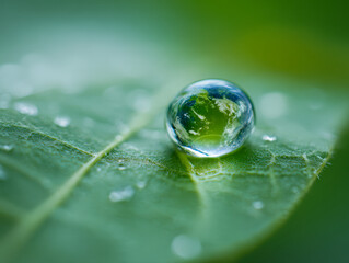 A single water droplet resting on the vibrant green leaf, magnifying intricate veins and reflecting the surrounding natural environment in stunning detail
