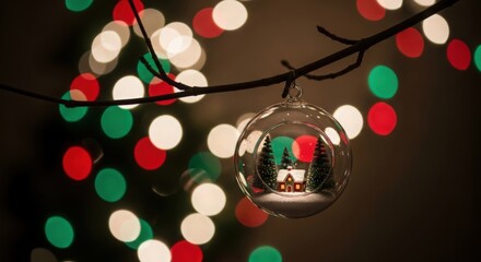 Delicate glass Christmas ornament with a winter village scene hangs from a bare tree branch against a bokeh background of festive red green and white lights
