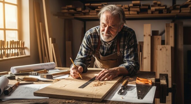Elderly Carpenter Measuring Wood With Pencil And Ruler In Workshop Crafting Handmade Furniture