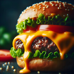 An extreme macro shot of a gourmet cheeseburger. The melted cheddar cheese is dripping down the sides of the patty. Fresh, shiny lettuce and tomato slices are visible. Dark, moody background