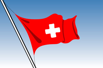 Swiss flag waving on a sky blue background