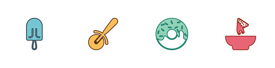 Set Ice cream, Pizza knife, Donut and Nachos in plate icon. Vector