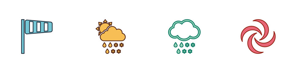 Set Cone windsock wind vane, Cloud with snow, rain, sun, and and Tornado icon. Vector