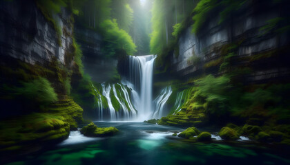 A breathtaking waterfall cascading into a serene pool in a deep forest canyon. Long exposure photography makes the water look smooth and silky. Green mossy rocks, misty air, 16k