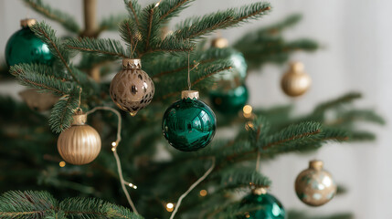 Close up of green and gold ornaments on a decorated Christmas tree