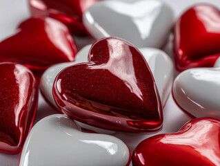 Collection of shiny red and white decorative hearts with glossy surfaces arranged closely together for romantic or festive themes