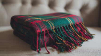 Cozy folded plaid throw blanket on a couch