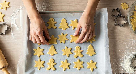Top view of hands placing raw christmas cookies on baking tray, holiday baking, home cooking and festive preparation
