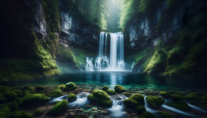 A breathtaking waterfall cascading into a serene pool in a deep forest canyon. Long exposure photography makes the water look smooth and silky. Green mossy rocks, misty air, 16k
