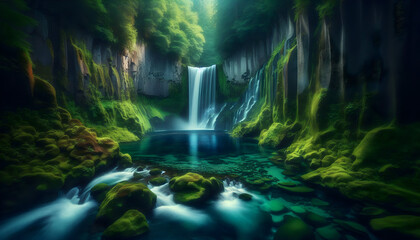 A breathtaking waterfall cascading into a serene pool in a deep forest canyon. Long exposure photography makes the water look smooth and silky. Green mossy rocks, misty air, 16k