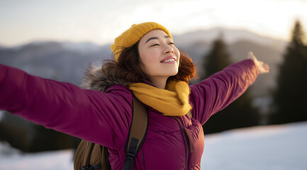 Happy Asian woman with arms outstretched enjoying the winter mountain sunrise