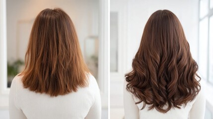 Fototapeta premium Before and after comparison of woman hair treatment showing smooth and shiny curls