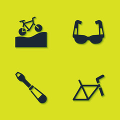 Set Mountain bicycle, Bicycle frame, Screwdriver and Sport cycling sunglasses icon. Vector