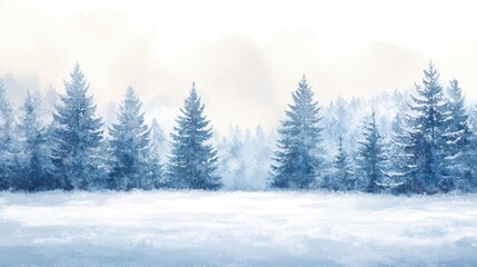 Fototapeta premium Peaceful winter forest scene with tall snow-covered pine trees painted in blue watercolor tones, minimal nature landscape illustration.