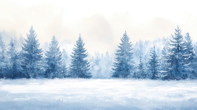 Peaceful winter forest scene with tall snow-covered pine trees painted in blue watercolor tones, minimal nature landscape illustration. - Powered by Adobe