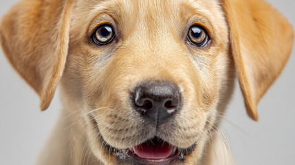 Adorable golden retriever puppy looking curiously with big expressive eyes and slightly open mouth against a soft neutral background