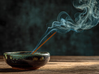 Burning incense stick releasing swirling smoke patterns placed in a rustic ceramic holder on wooden surface against dark blurred background