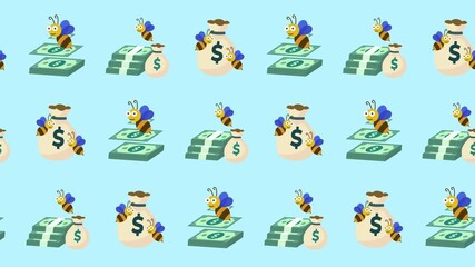 Seamless pattern of money, savings bag, busy bee icons in a tile background animation. Repeat wallpaper with a finance profit cartoon and business success symbol. Investment and productivity backdrop.