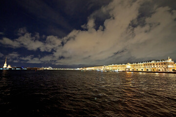 Night view of the Neva, the Winter Palace and the Peter and Paul Fortress in St. Petersburg.