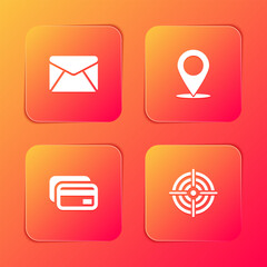 Set Envelope, Map pin, Credit card and Target sport icon. Vector