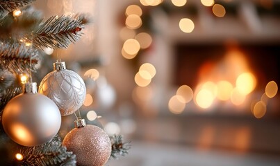 Naklejka premium decorated Christmas tree in a cozy room near the fireplace,